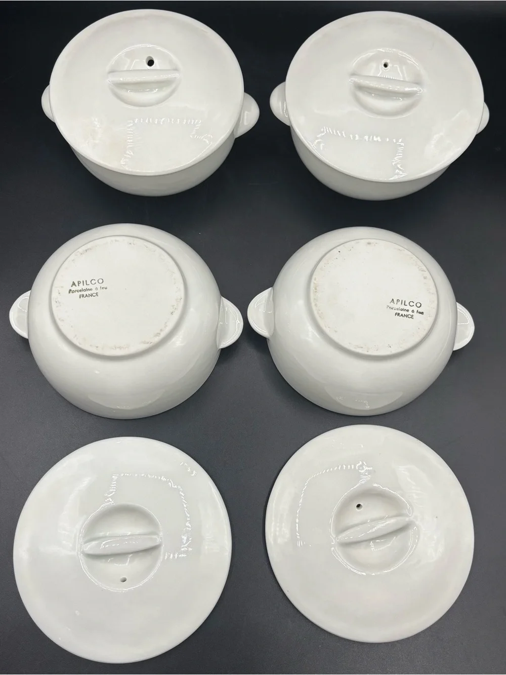 APILCO Set of 4 Porcelaine à Feu Covered Soup Bowls / Individual Casseroles